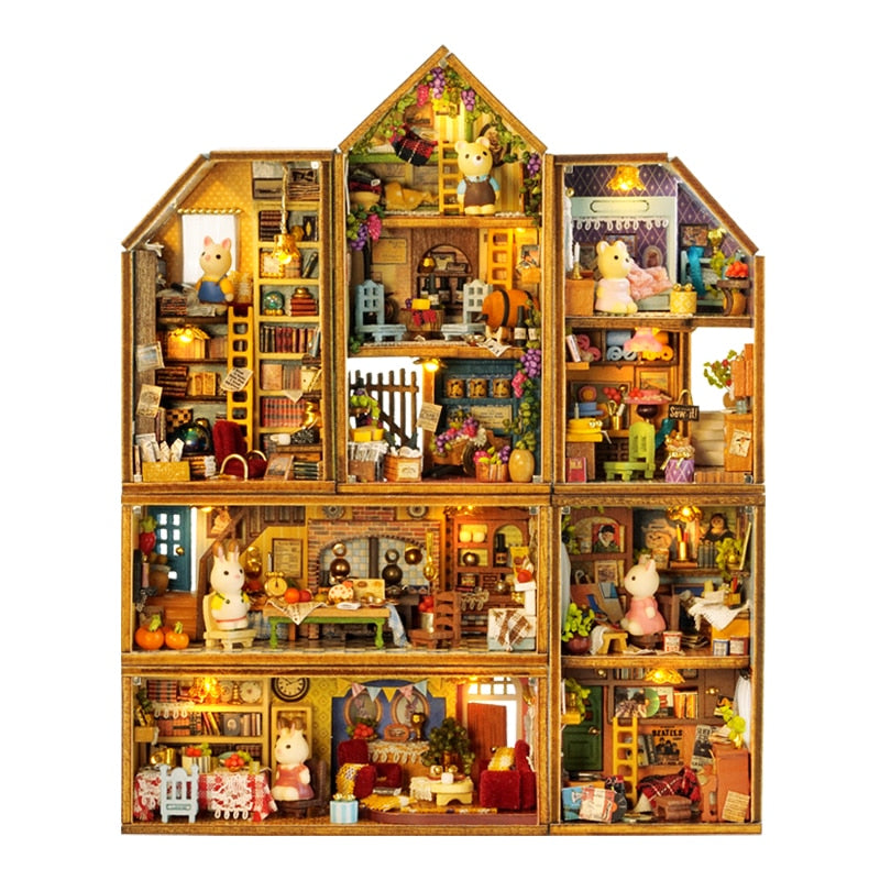 a wooden doll house with many rooms and furniture